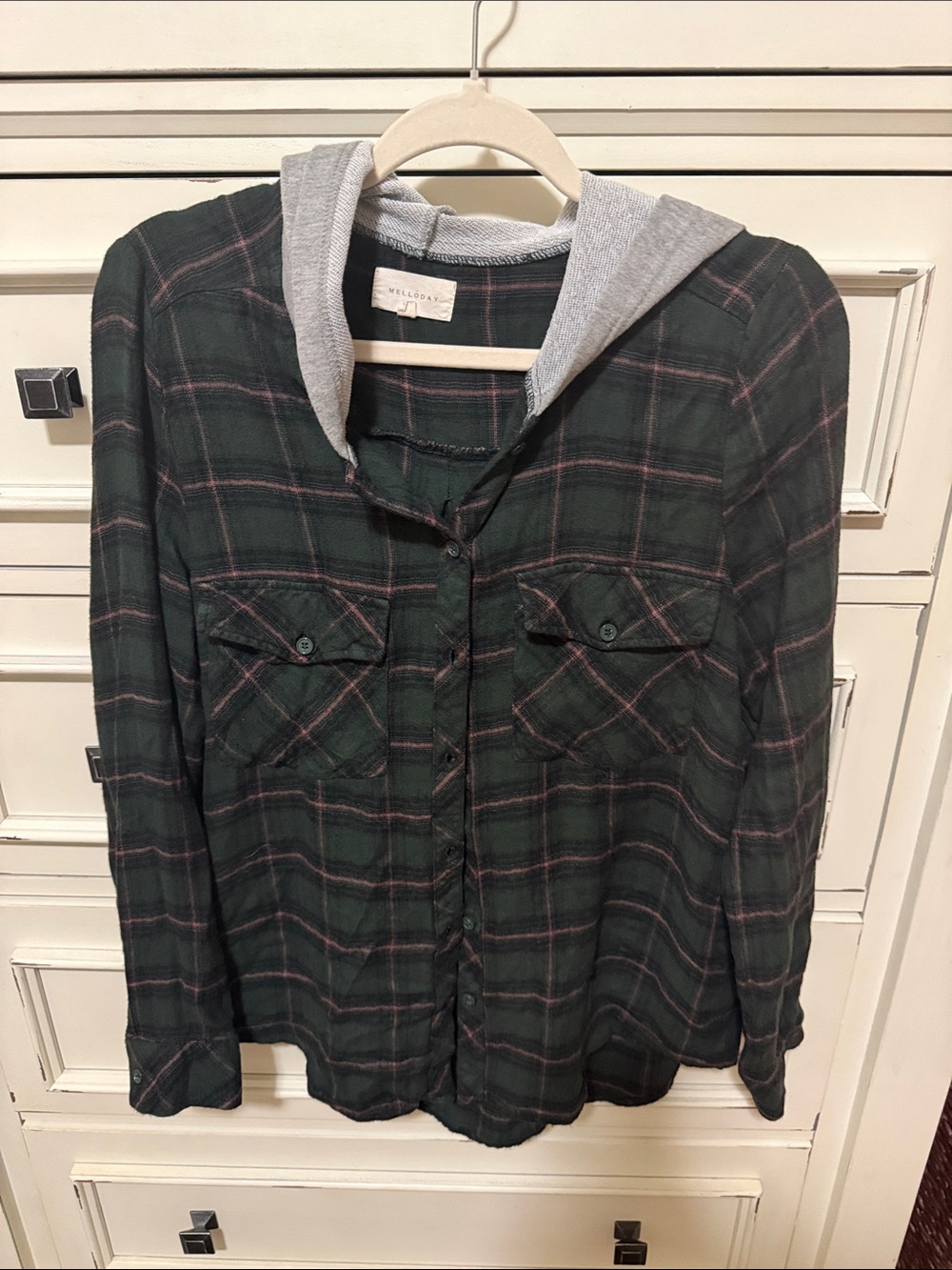 MELLODAY Green Plaid Hooded Button-Up Shirt